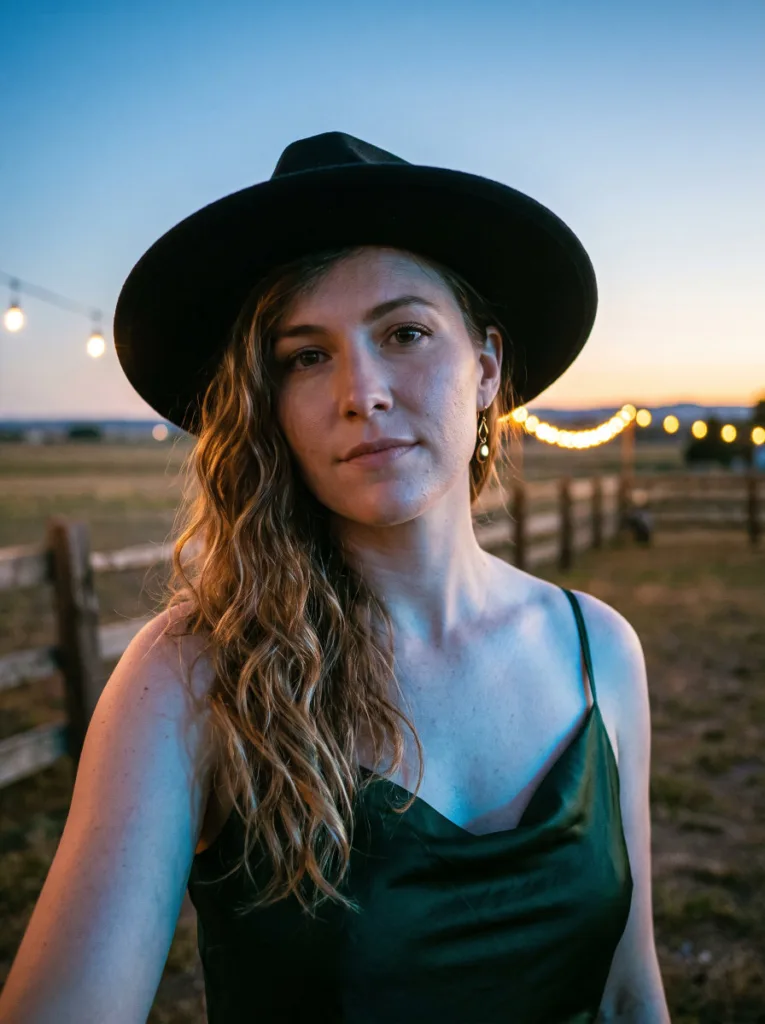 Woman with side-swept coastal cowgirl wave hairstyle under a wide-brim hat at sunset