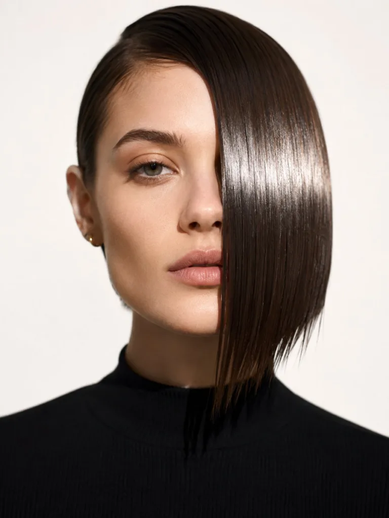 side-swept sleek bob wet look hairstyle — one-sided gel-flat bob with high-gloss finish in stark studio setting