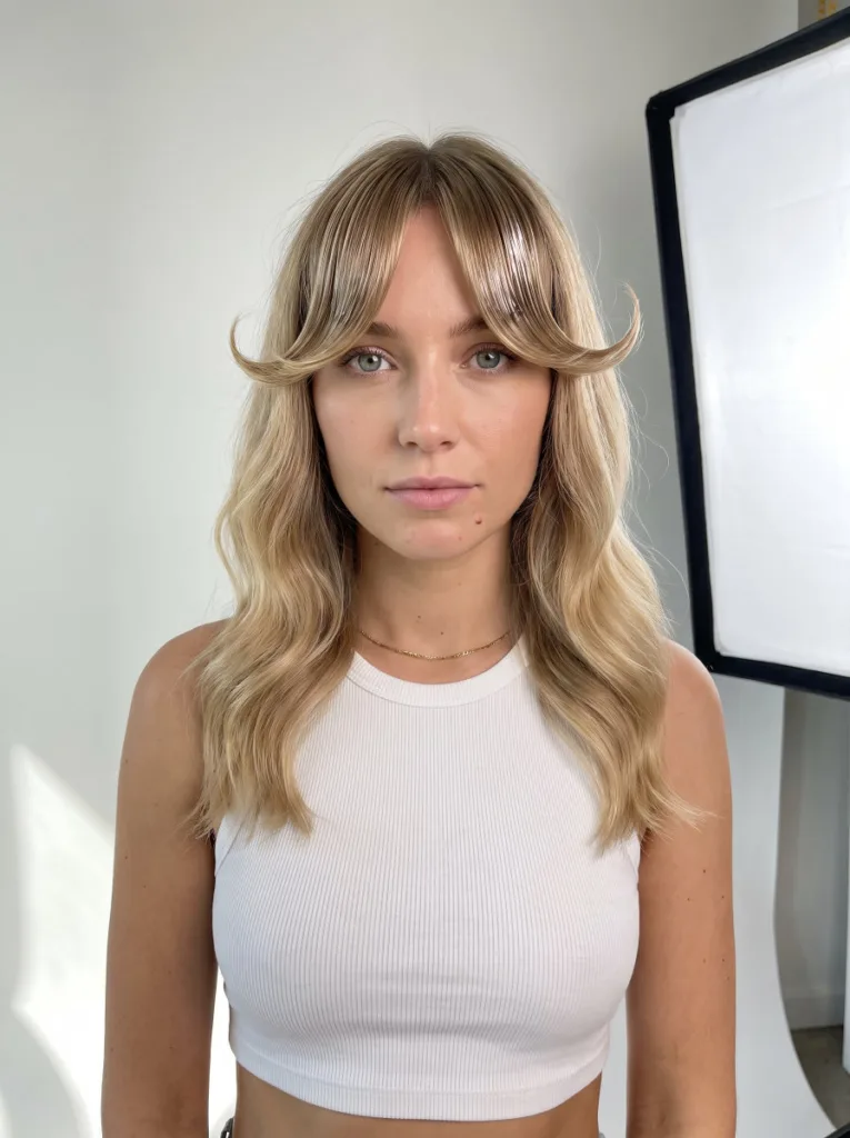 slicked-down curtain bangs wet glam waves hairstyle — gel-set curtain bangs framing face with soft waves behind