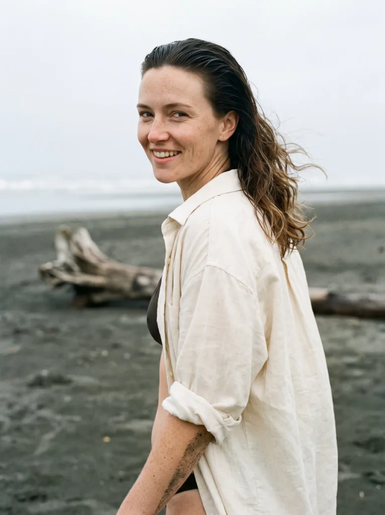 tousled open waves with wet roots wet look hairstyle — sleek glossy roots transitioning into loose tousled waves on casual beach day