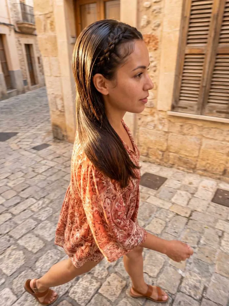 wet braided side part hairstyle — thin braid along hairline pinned at ear with glossy gel-coated hair swept over opposite shoulder