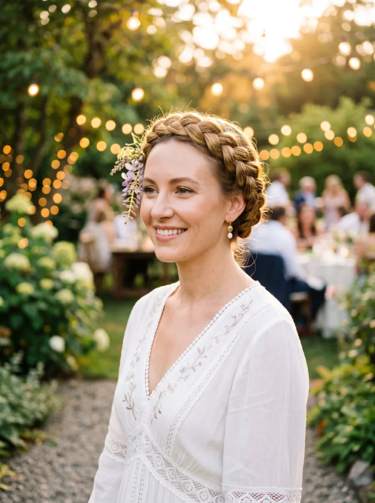 wet-look bohemian crown braid hairstyle — glossy French braid halo on woman at outdoor garden event at golden hour