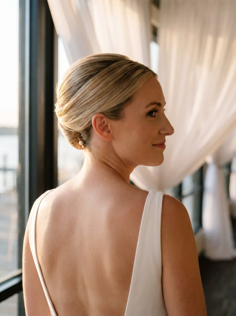wet-look French twist updo hairstyle — lacquered architectural updo on woman in backless dress at waterfront event