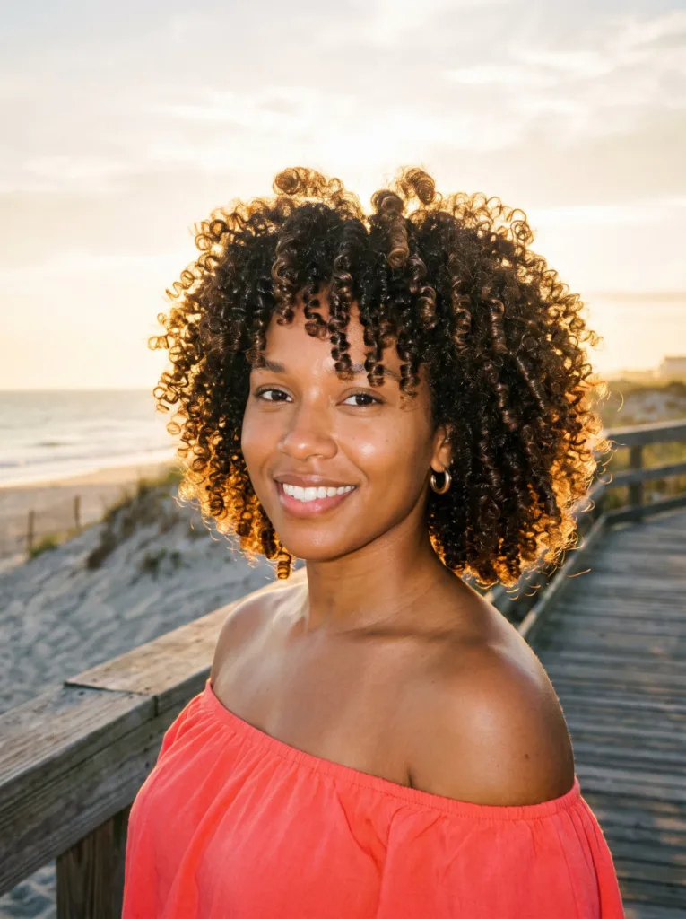 wet-look natural coils glossy beach hairstyle — defined curly coils with high-shine gel finish at beach boardwalk