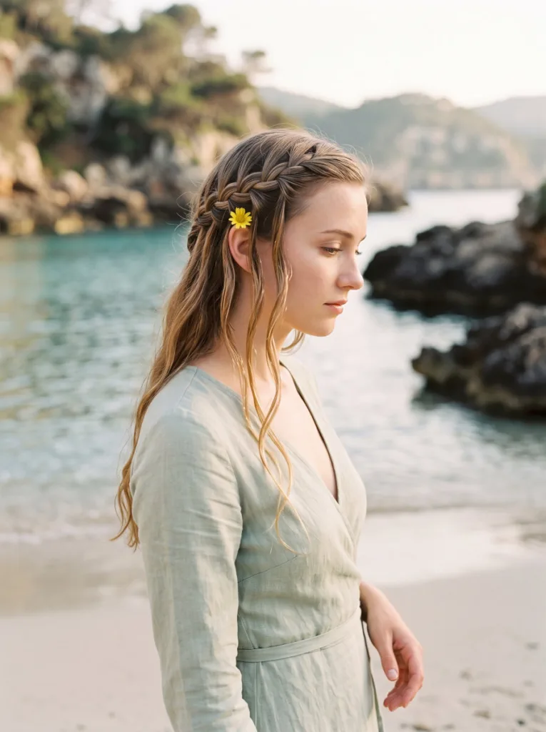 wet-look waterfall braid hairstyle — glossy braid across the head with falling strand sections on woman at tropical beach cove