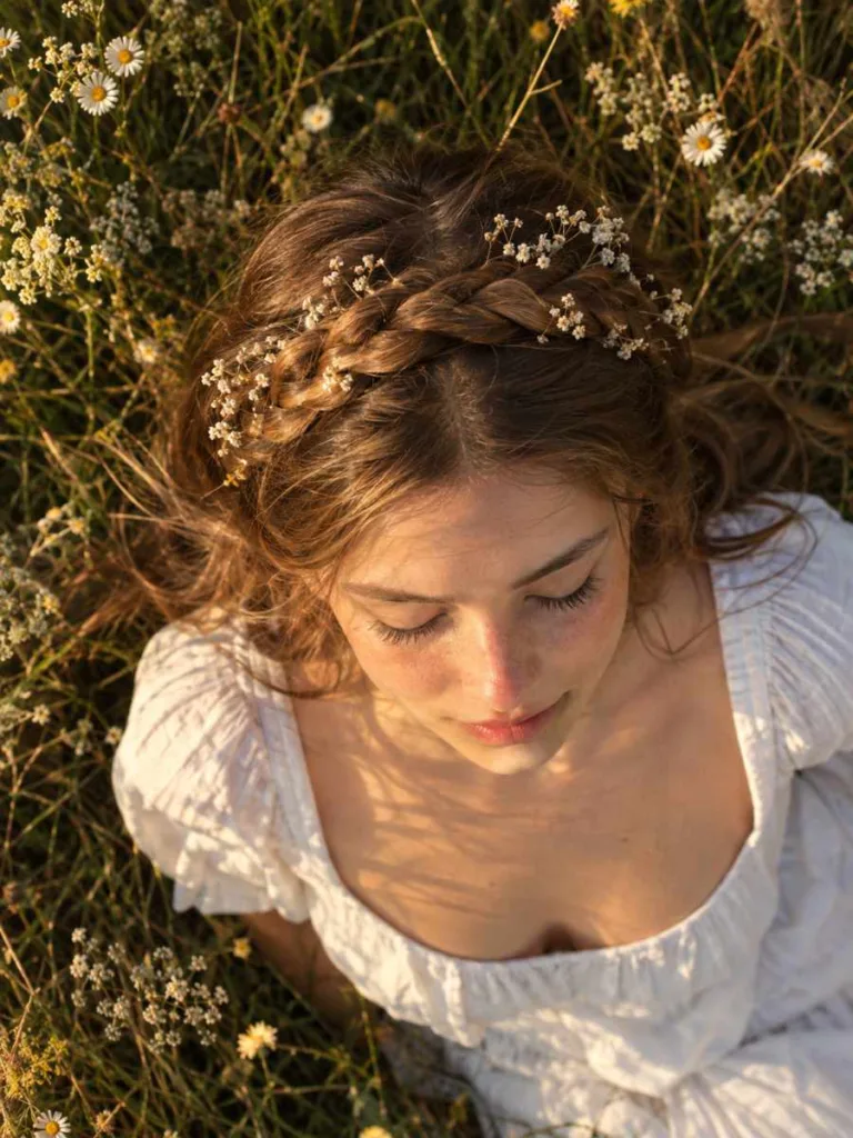 Overhead view of a woman with a crown braid decorated with dried baby's breath flowers in a sunlit flower field