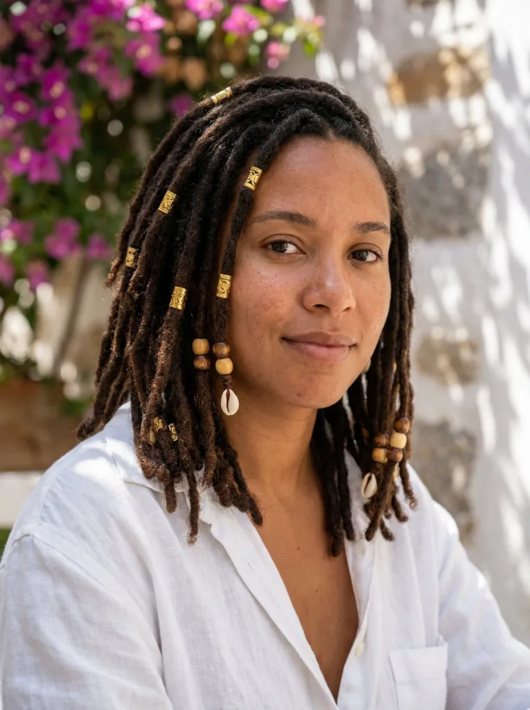 Shoulder length locs worn down with gold cuffs, wooden beads, and shells spaced unevenly