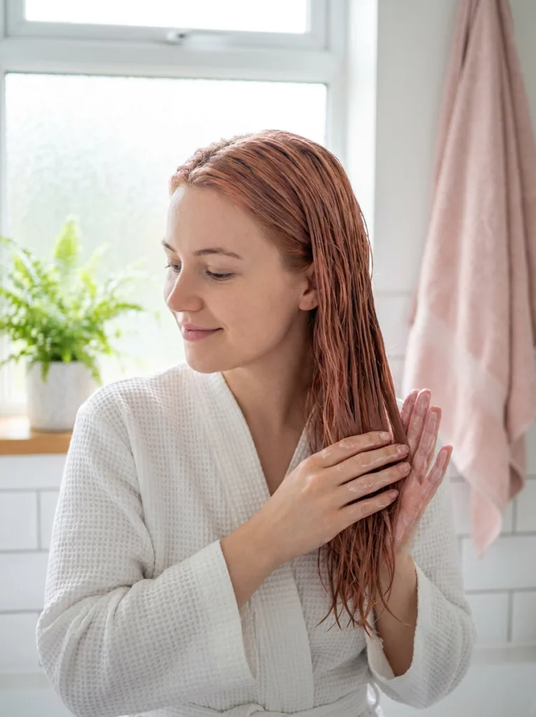 Young woman applying a rose depositing mask to damp cool copper hair