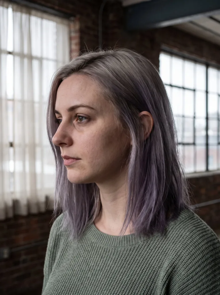 Woman with ash blonde roots melting into smoky violet hair color