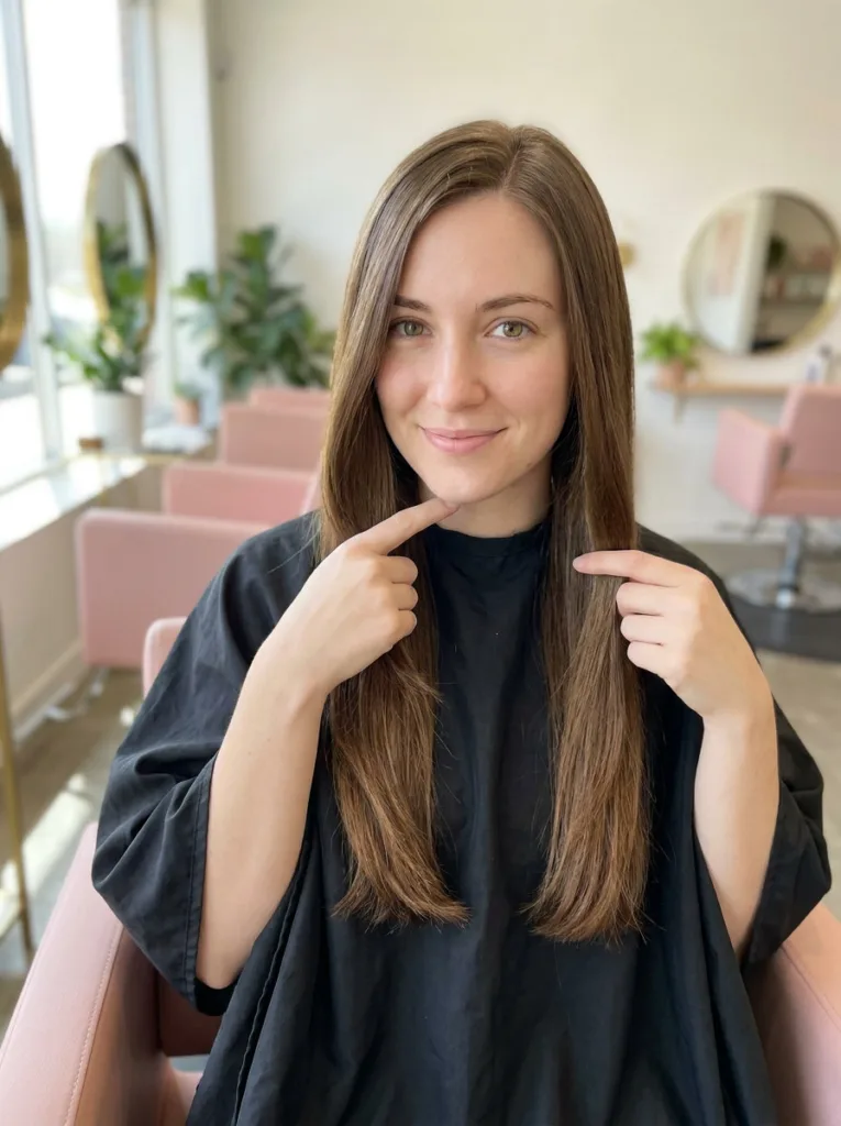 Young woman in a salon chair marking the jaw and collarbone lengths she wants for her asymmetrical lob
