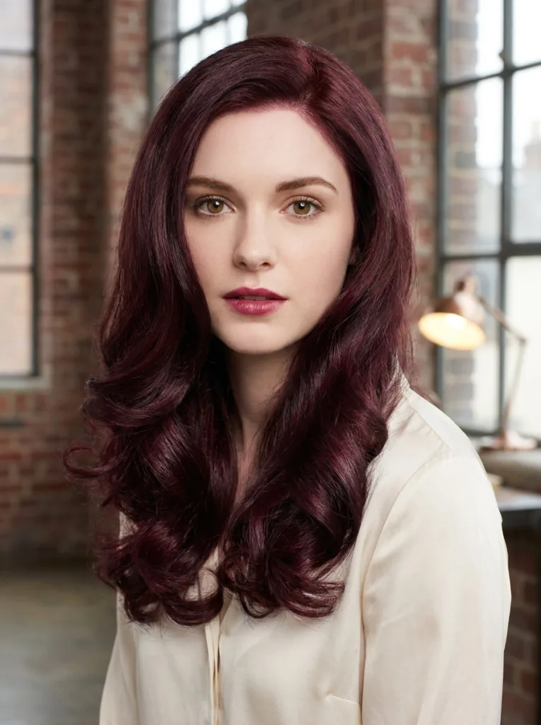 Auburn rose hair color with a berry cast on a young woman with hazel eyes