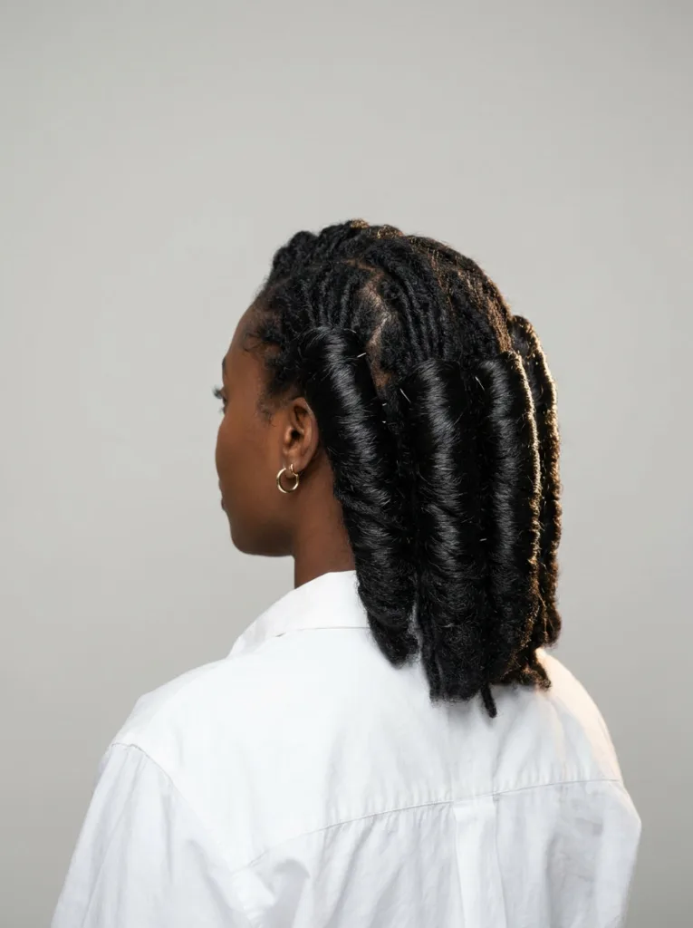 Back view of shoulder length locs styled in vertical barrel rolls from nape to crown