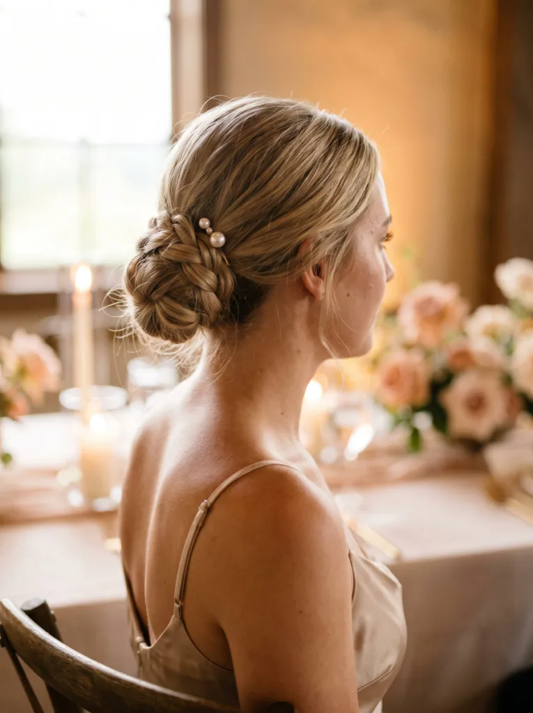 Elegant close-up of a woman with a braided bun secured by a single pearl pin at an indoor wedding venue