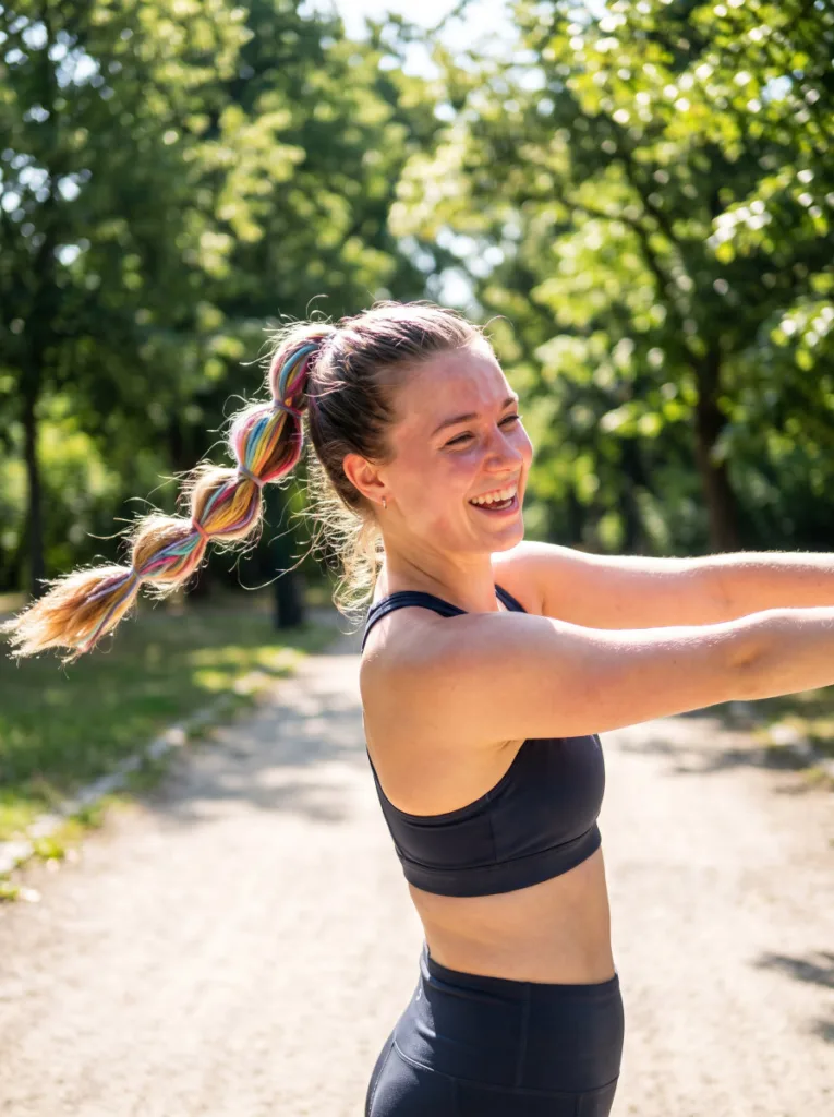 Woman with a bubble braid ponytail wrapped in colored yarn, captured mid-motion outdoors at a park