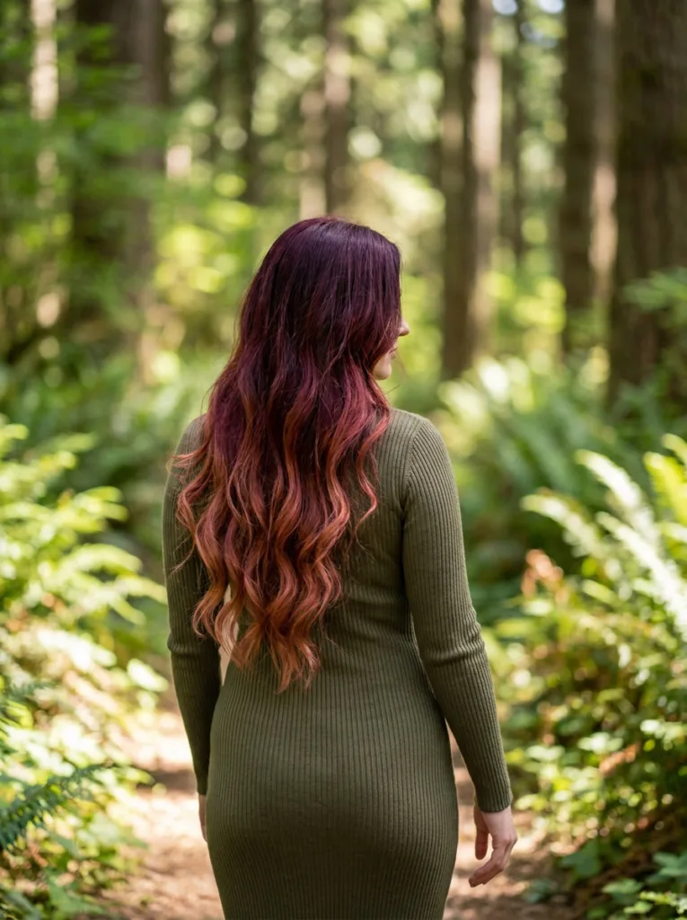 Long wavy burgundy copper ombre with dark roots melting into cool copper ends