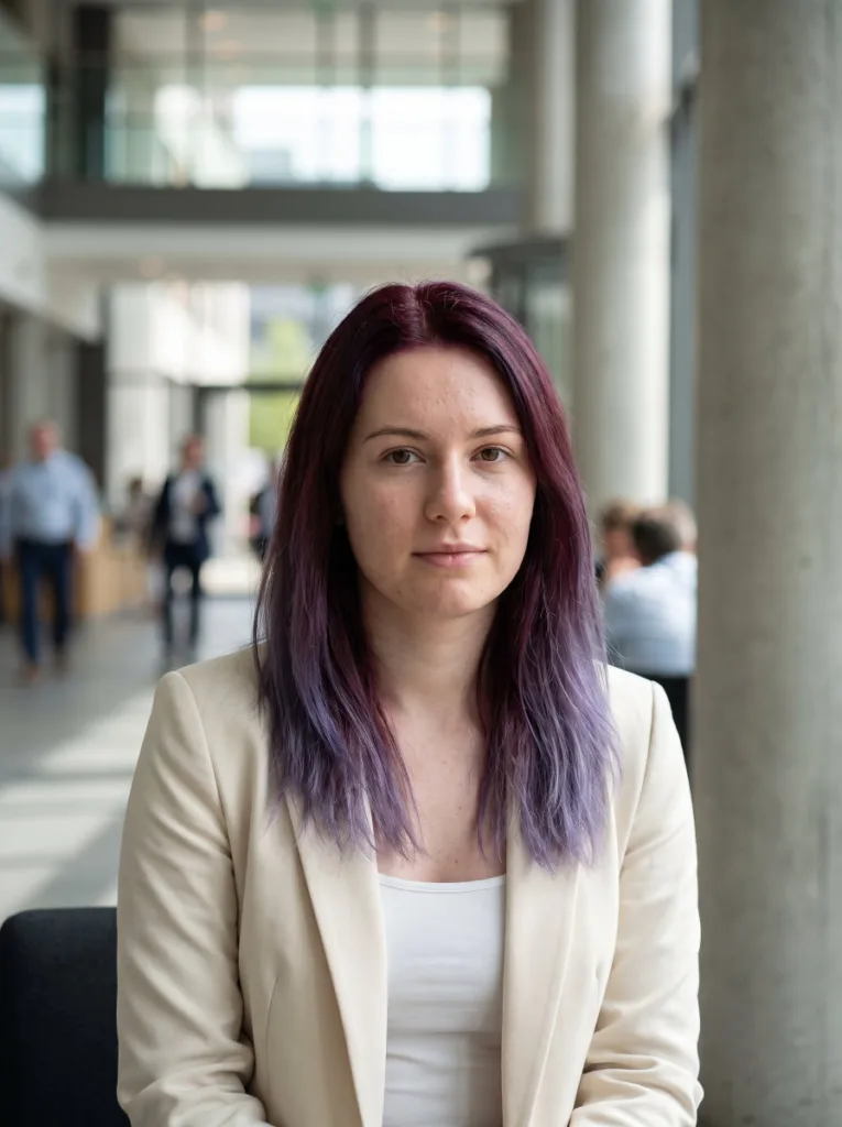 Woman with burgundy roots blending into violet hair color in a professional setting