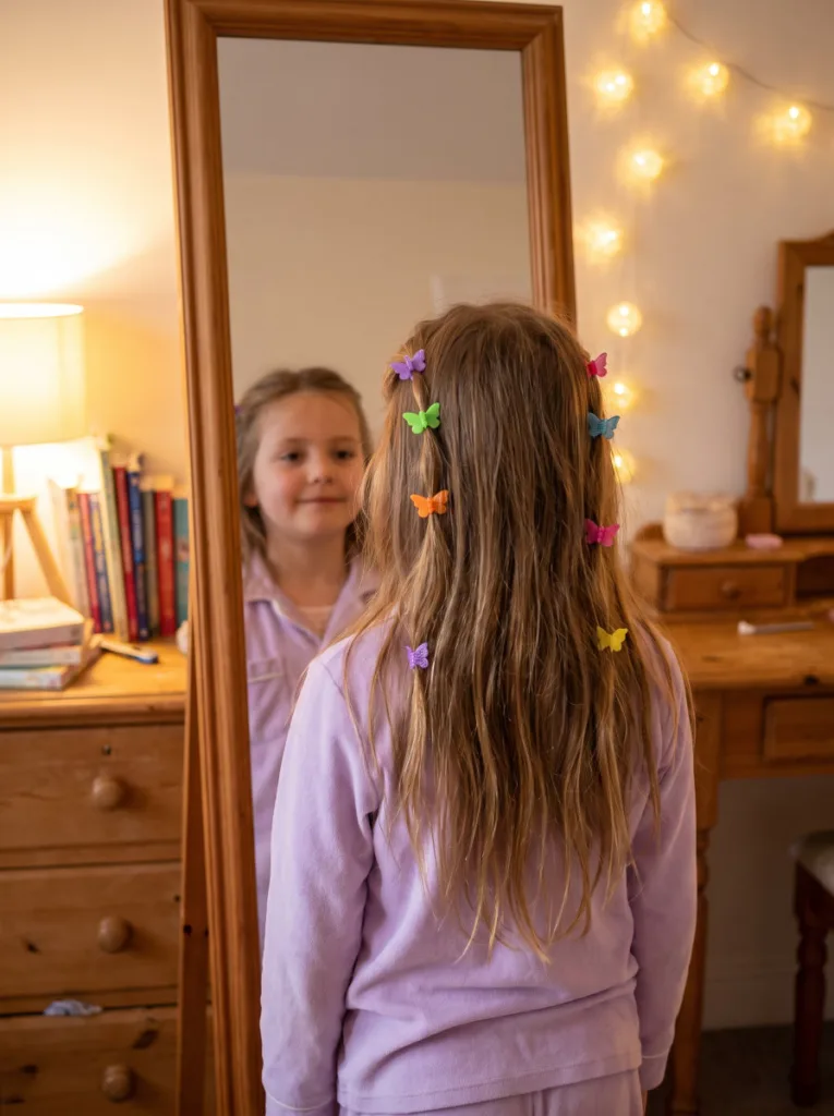 Girl with scattered butterfly clips in her loose hair in front of a bedroom mirror