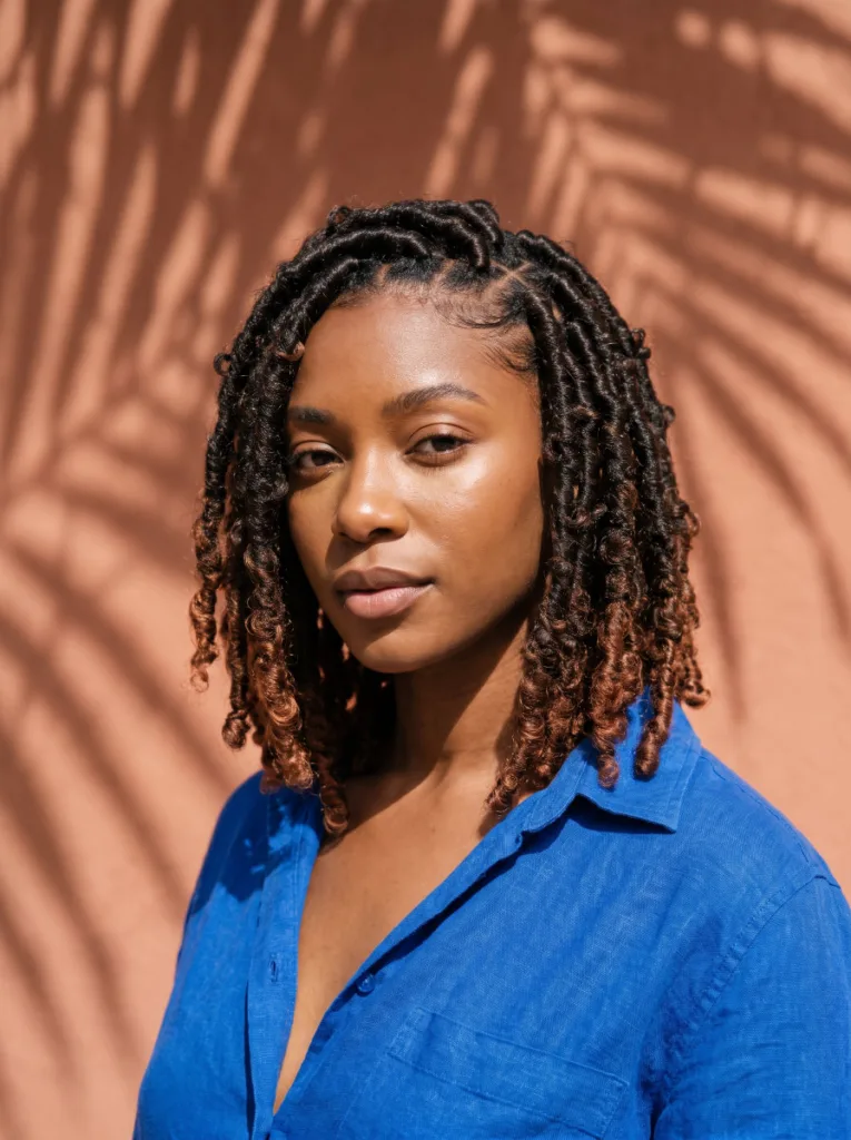 Shoulder-length butterfly faux loc bob, a lighter protective style for fragile edges