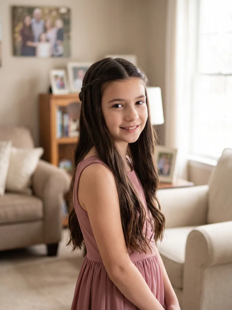 Tween girl with a center-part waterfall twist hairstyle for a special occasion