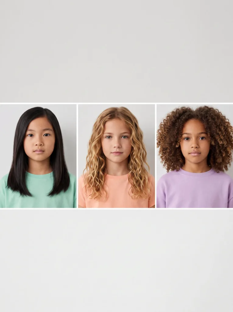 Three children with straight, wavy, and curly open hairstyles shown side by side