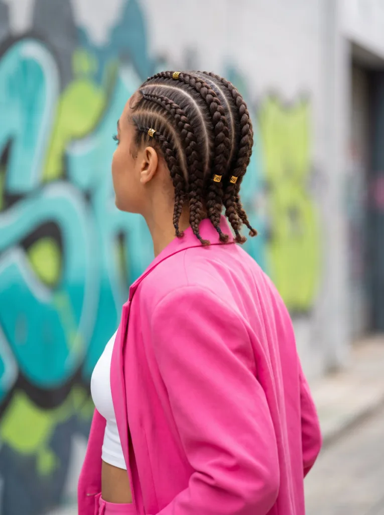 Six chunky straight-back cornrows with gold hair cuffs on natural hair