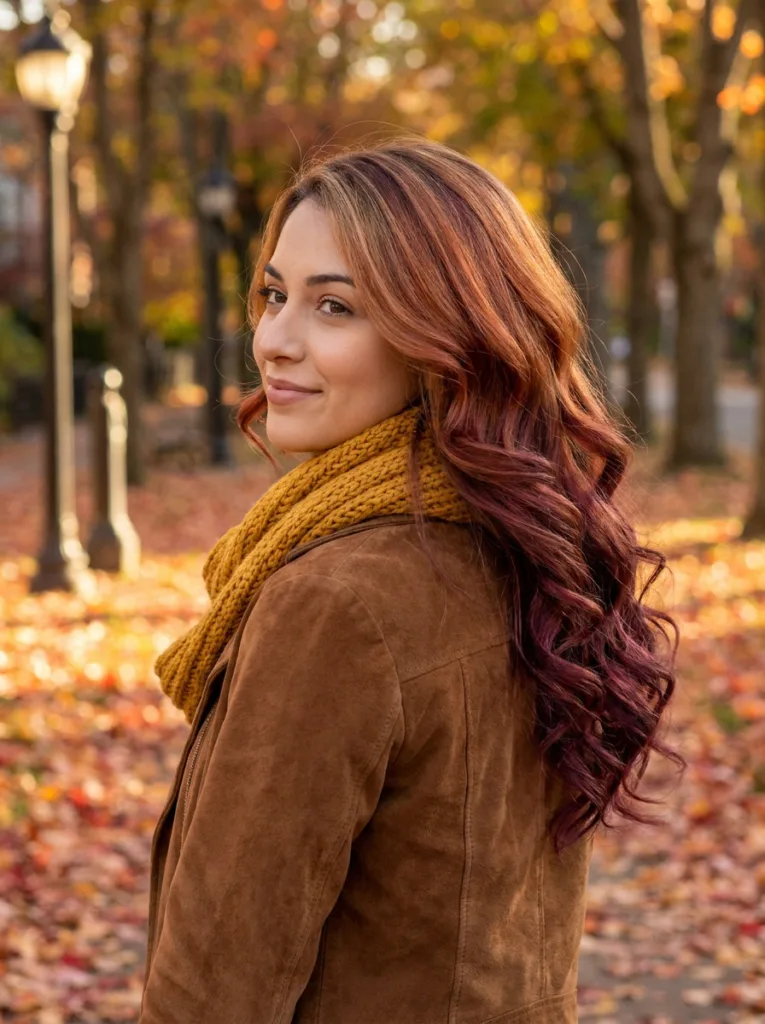 Cinnamon plum copper hair that is lighter near the face and richer at the ends