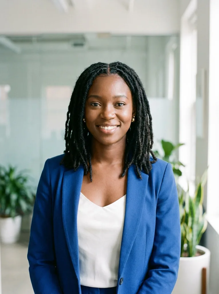 Young woman with freshly retwisted shoulder length locs worn down with a center part