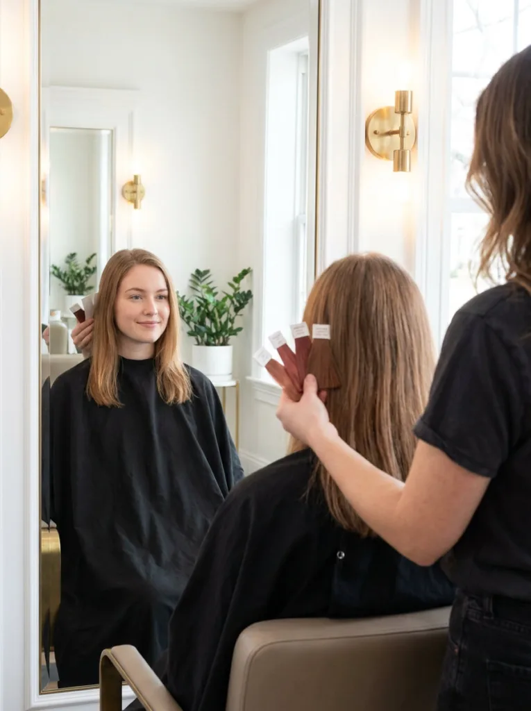Colorist holding cool copper hair swatches beside a client's face during a consultation