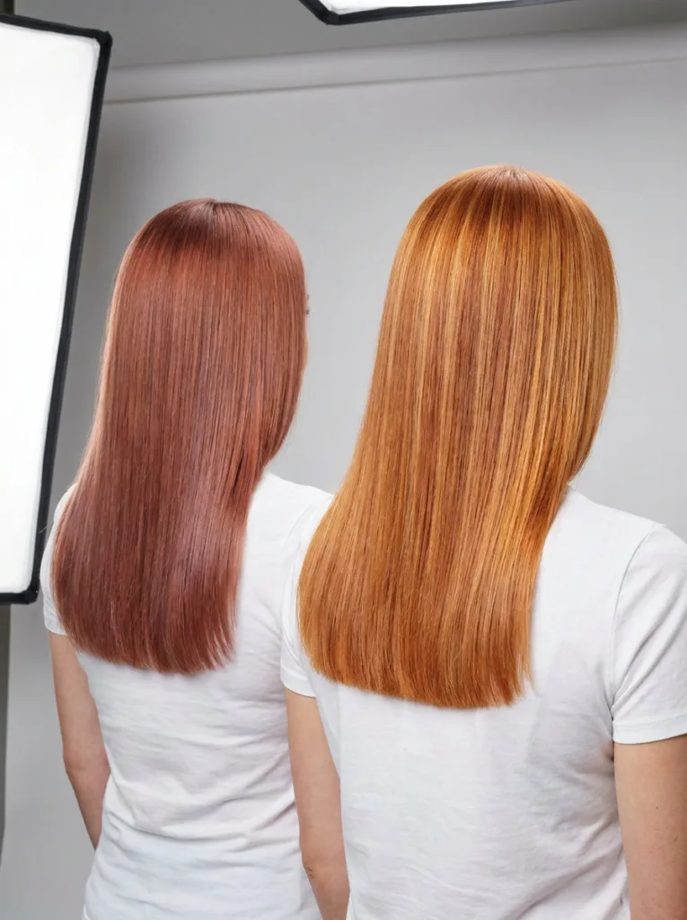 Cool rose copper hair next to warm orange copper hair to compare copper tones