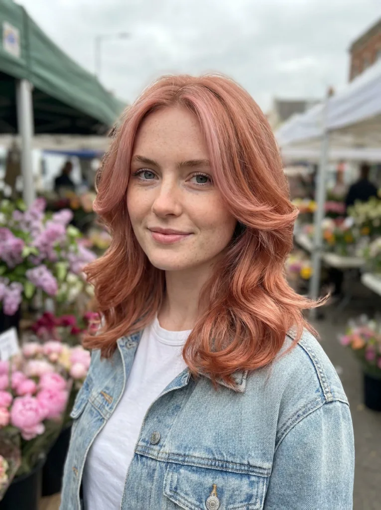 Rosy cool strawberry copper blonde hair on a freckled young woman with blue eyes