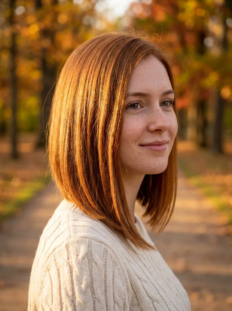 Glowing copper uneven lob with sleek red and gold tones in warm sunlight