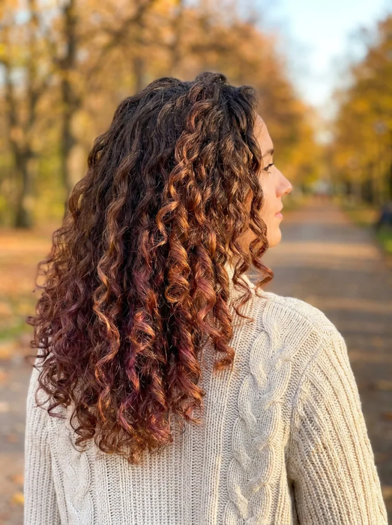 Copper violet balayage on long curly hair with natural brown roots