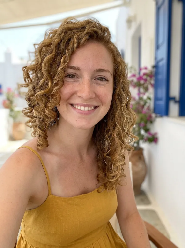 Light brown curly asymmetrical lob with defined ringlets and volume near the face