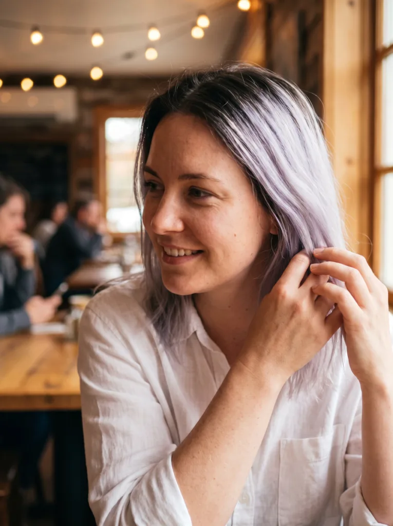 Woman with dark roots and icy lavender hair color ends in a cafe setting