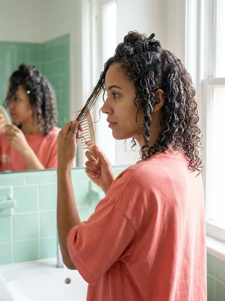 Young woman detangling conditioned 3B curls with a wide tooth comb before a protective style