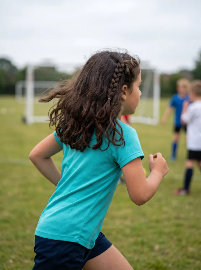 Girl with double peekaboo twists hairstyle running on a sports field