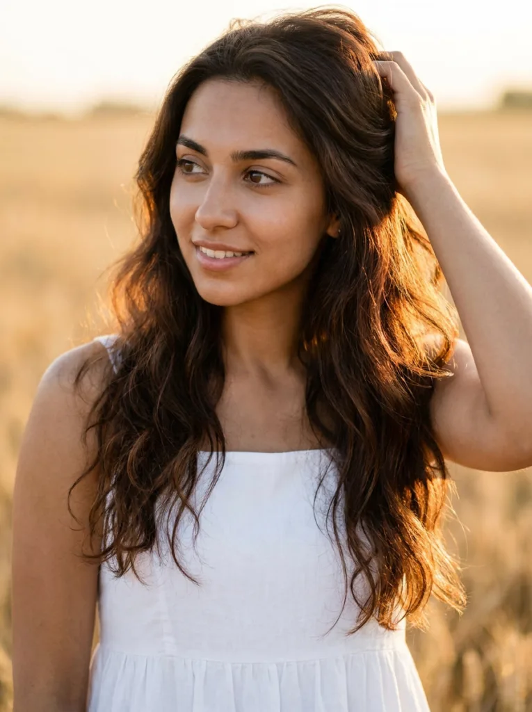 Muted dusty copper brown hair on a young woman with olive skin at sunset