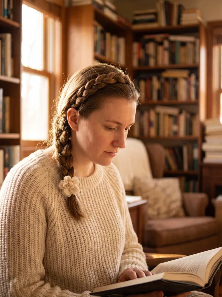 Woman with a Dutch braid headband finished with a fabric flower, reading in a sunlit home study