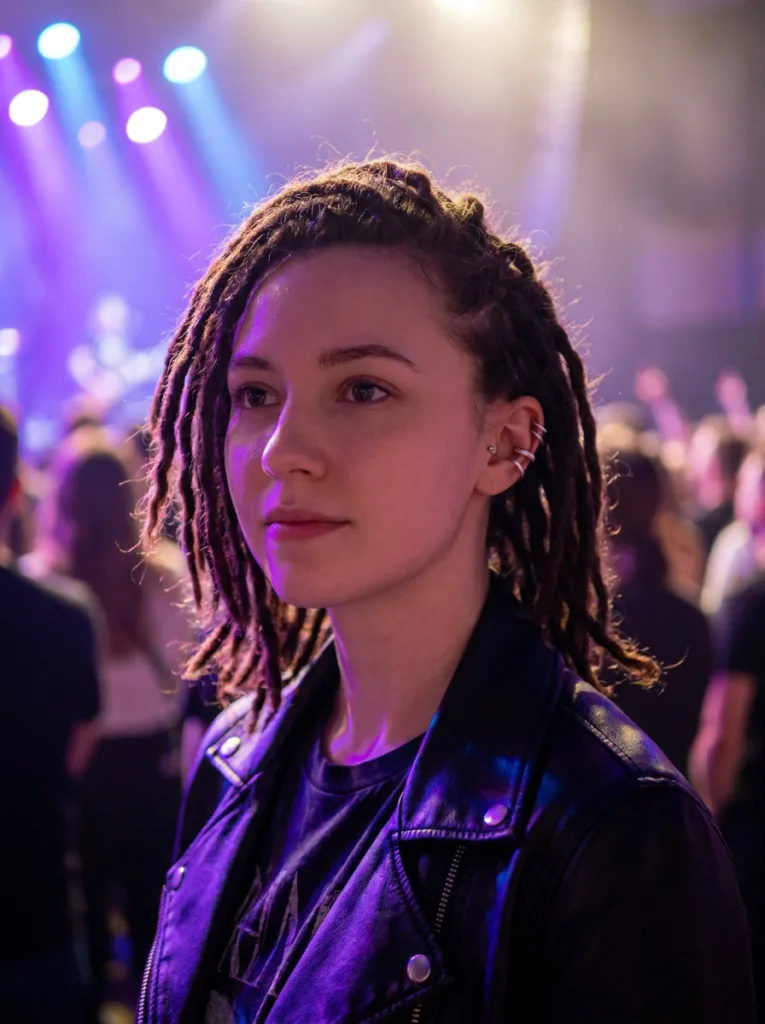 Shoulder length locs pinned flat on the sides with a rolled center ridge in a faux hawk