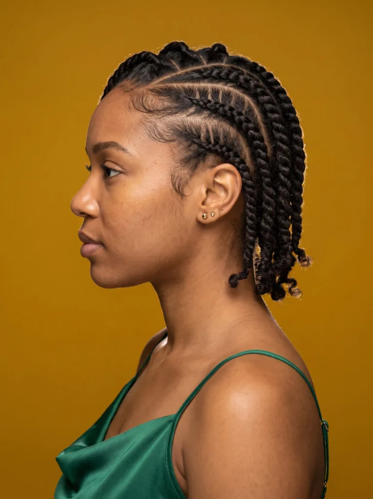 Flat twists with a deep side part on 4A natural hair, shown in profile
