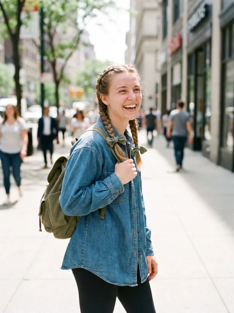 Woman with French braid pigtails finished with small fabric bows, walking through a city street with a travel bag