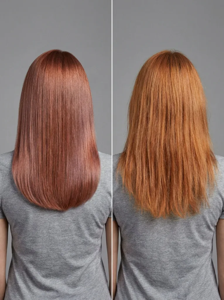 Fresh cool copper hair compared with faded brassy orange copper hair