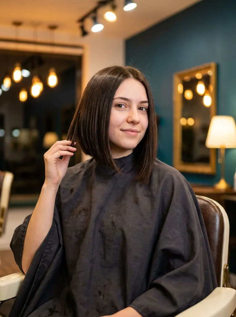 Freshly trimmed dark brown asymmetrical lob with a crisp jaw-length short side and a collarbone-length long side