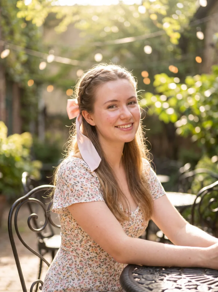 Woman with a half-up braid finished in a soft silk ribbon bow at an outdoor brunch table