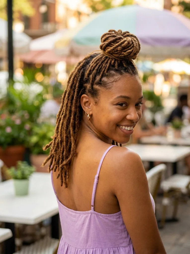Shoulder length locs with the top section braided into a small bun at the crown and the rest loose
