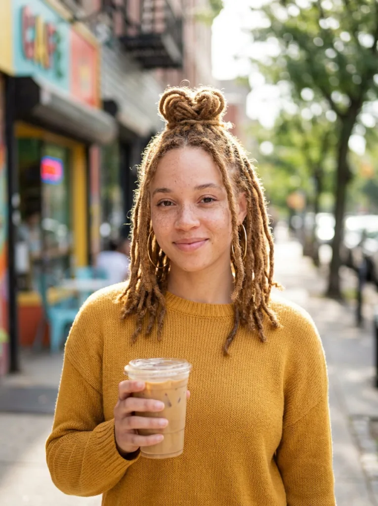 Shoulder length locs styled in a half up top knot at the crown with the rest worn loose