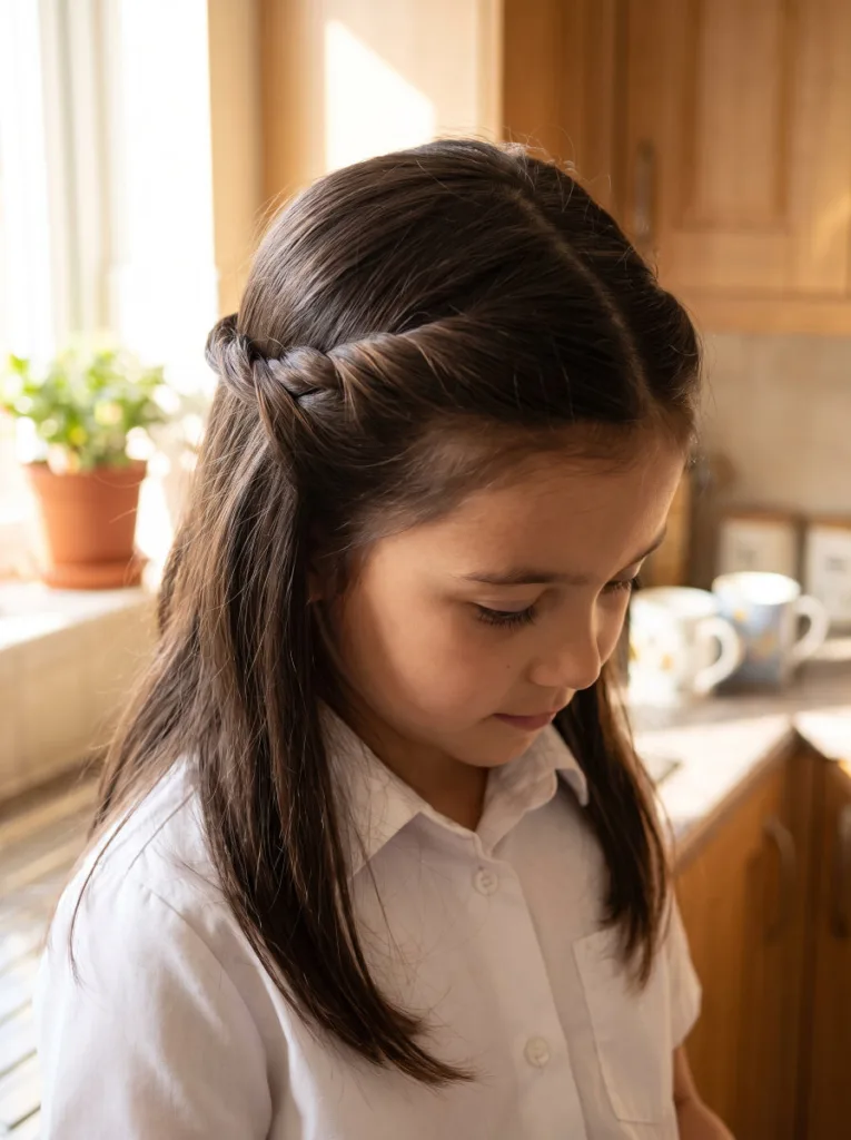 Close-up of a half-up twist hairstyle on a young girl in a kitchen setting