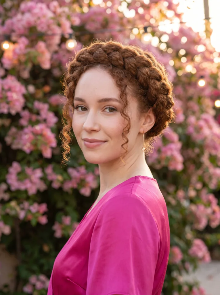 Halo crown braid wrapped around the head on stretched 3C curly hair