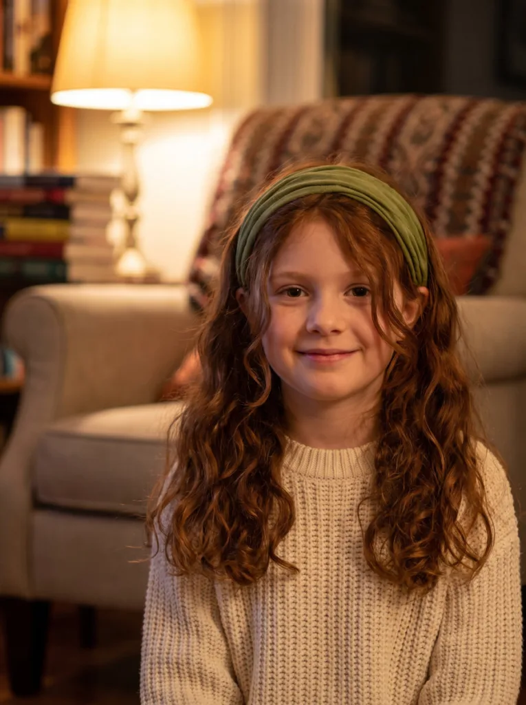 Girl wearing a fabric headband with wavy open hairstyle in a cozy reading nook