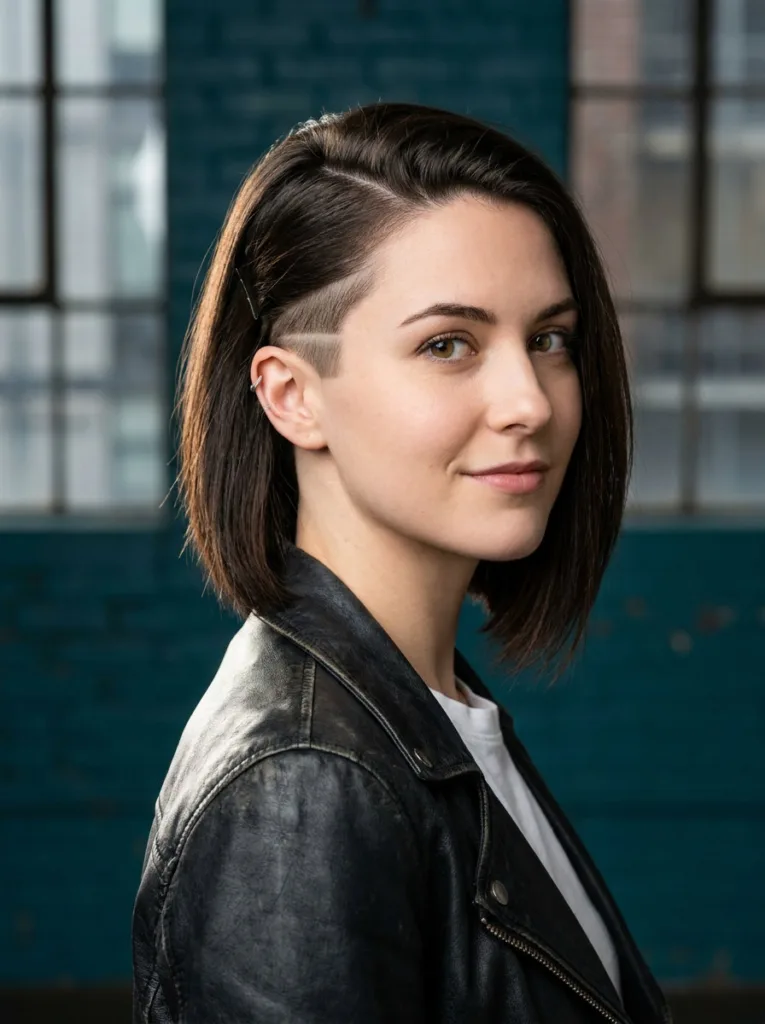 Dark brunette asymmetrical lob with a small undercut above the ear shown by a deep side part